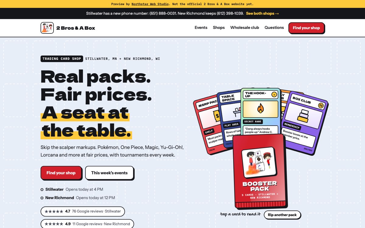 2 Bros & A Box trading card shop website
